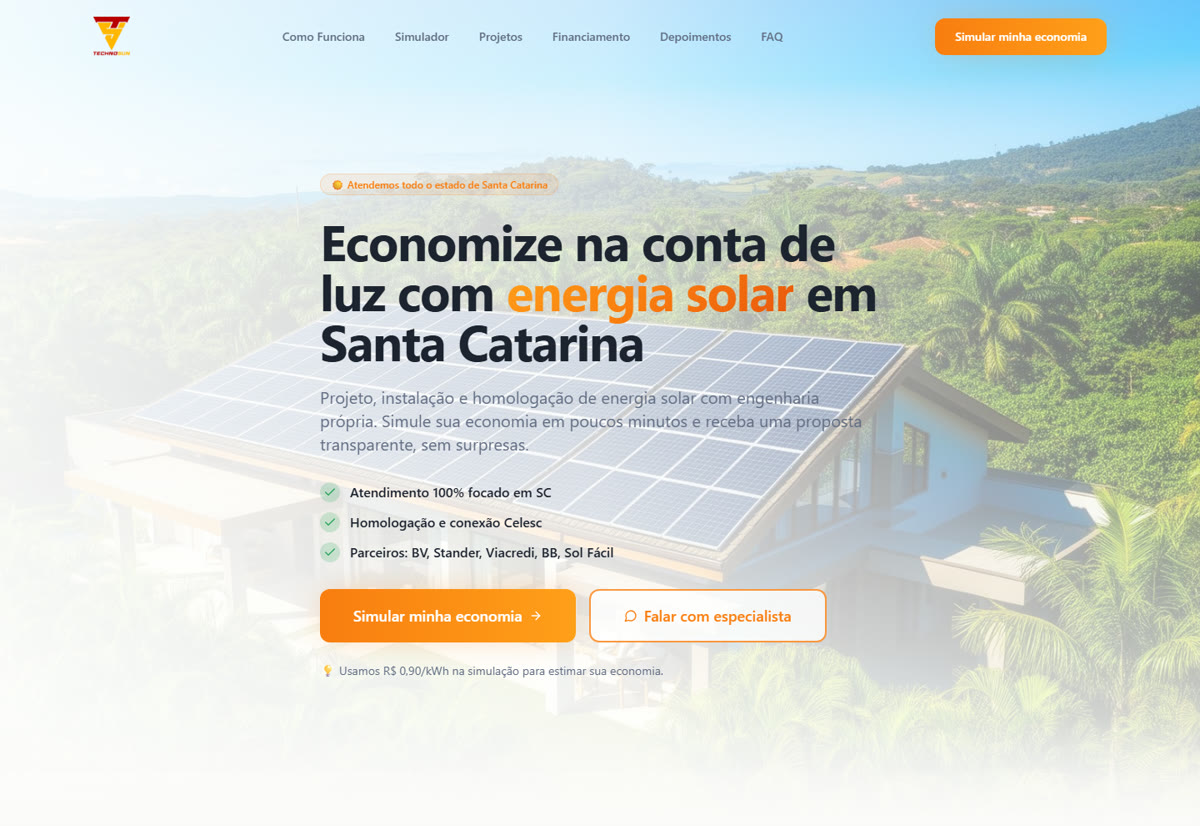 Página inicial do site da TechnoSun Energia Solar