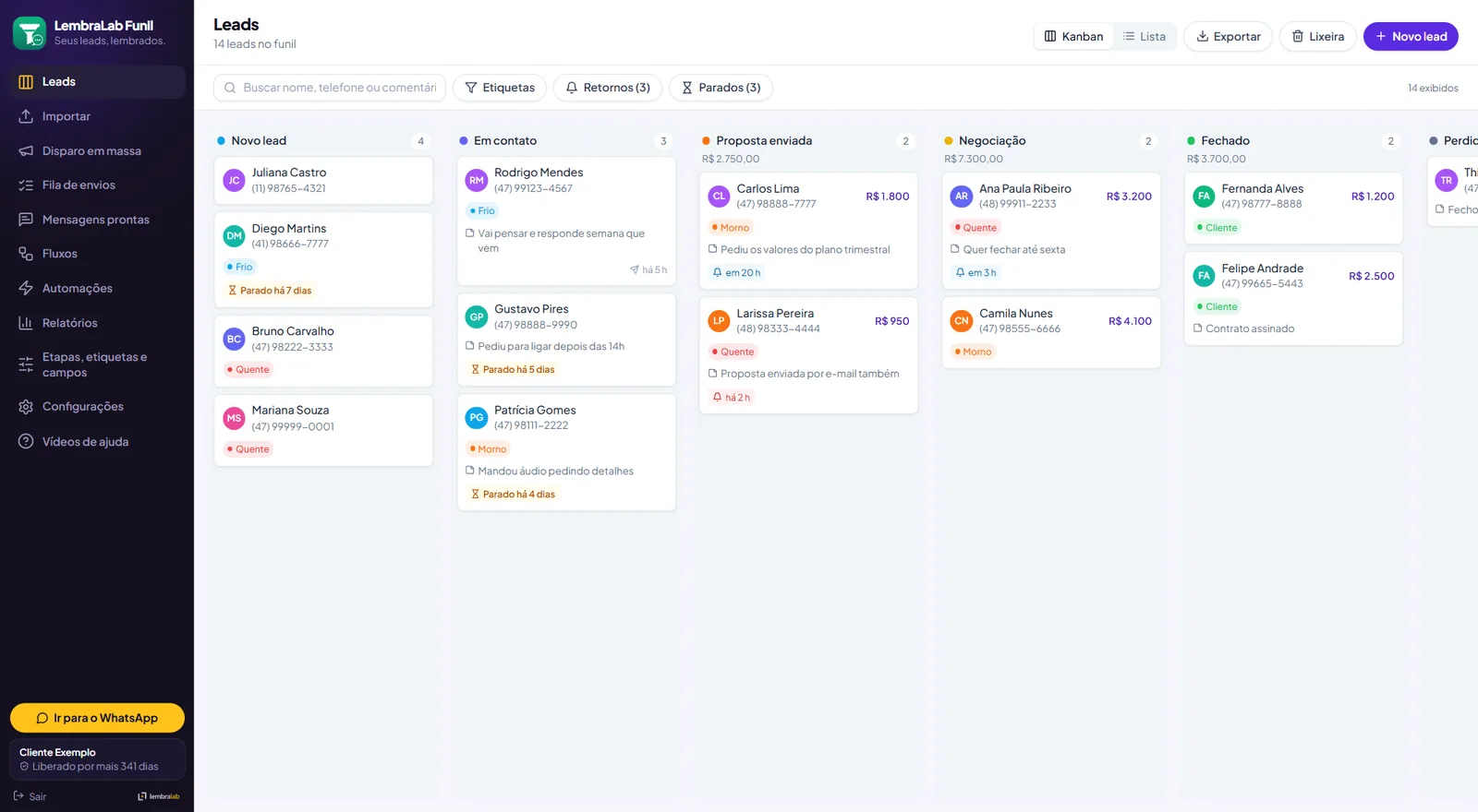 Funil Kanban de leads